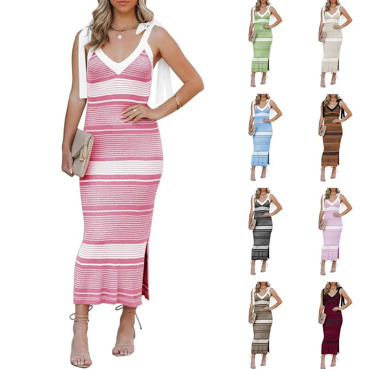 Imily Bela Womens Summer Midi Bodycon Sweater Dress Sexy V Neck Tie Shoulder Striped Knit Side Slit Sleeveless Tank Dresse