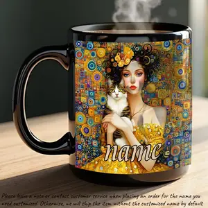 1pc Customizable Klimt-Style Woman and Cat Cute Durable Black Mug 11oz Cartoon Anime Ceramic Coffee Cup with Name Personalization Autumn Gift for Birthday Anniversary Hot Cold Drinks Juice Customized Drinkware