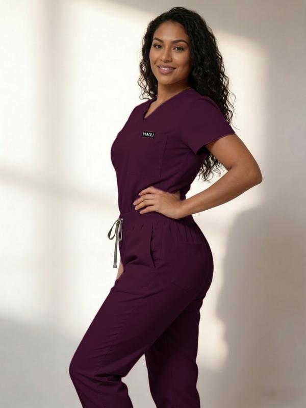 Women's Medical Scrubs Set, Anti-Pilling Breathable Multi-Pocket Top and Side Zip Joggers Pants, Hospital Clinic Spa Use