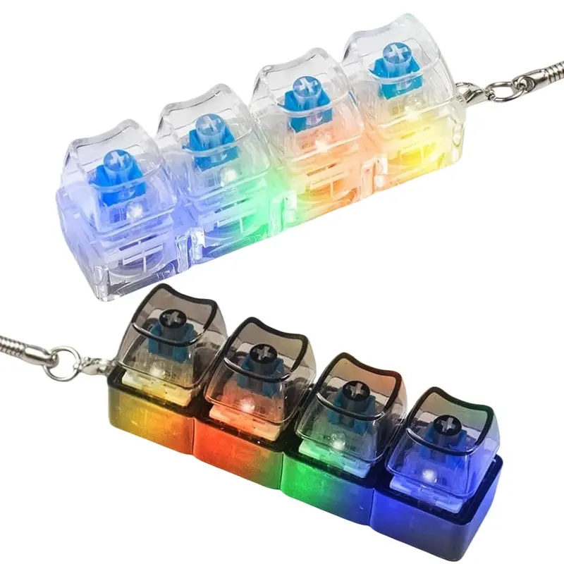 4-Hole Keyboard Fidget Toy for Adults Fidget Keyboard Clicker Toys with LED Lights Keychain Mechanical Keyboard Decompression Button Finger Clicker Toys Stress Relief for Anxiety Decompression (Black and Clear)
