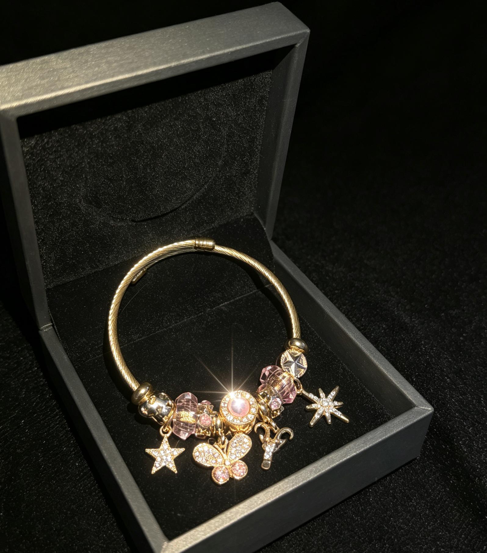 Sparkling Pink Crystal Butterfly Star Dangle Charm Bangle Bracelet, Gold Tone Open Cuff Wire Bangle Fashion Jewelry Gift for Women Sparkling Pink Crystal Butterfly Star Dangle Charm Bangle Bracelet, Gold Tone Open Cuff Wire Bangle Fashion Jewelry Gift for Women
