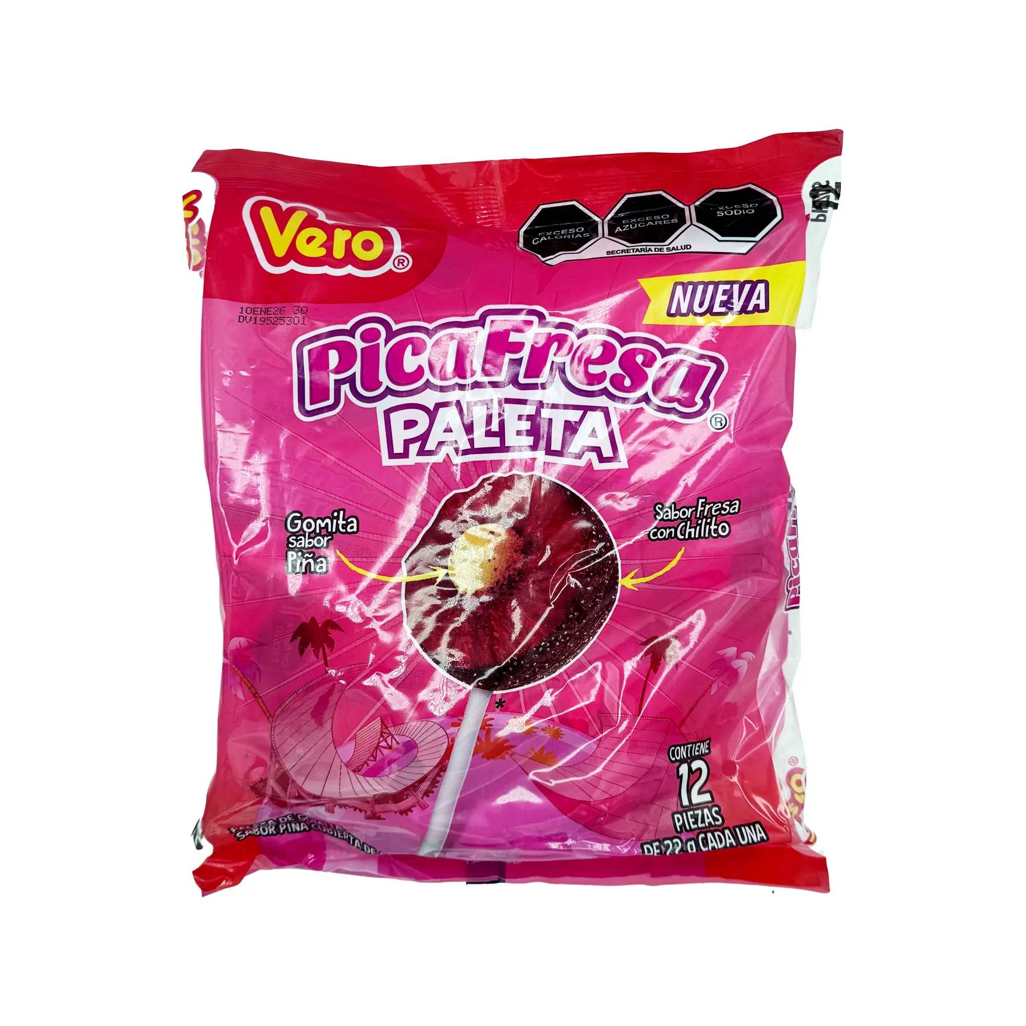 Vero Pica Fresa Paleta - 12-Count Bag - Strawberry Chili Lollipops with Pineapple Gummy Center, Spicy, Sweet, Tangy Mexican Candy