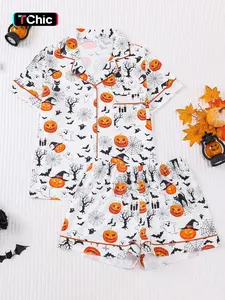 2 pieces of women's Halloween pumpkin monster witch ghost bat print short sleeved shorts comfortable lapel pajama set knitted top pocket elastic waistband suitable for all seasons casual classic home wear