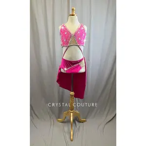 Custom Neon Pink Strappy Bra and Brief Set with Attached Skirt -Rhinestones