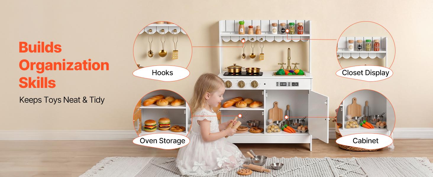 VEVOR Play Kitchen for Kids, Wooden, Kids Kitchen Playset with Real Lights & Sounds, Food & Cookware Accessories, Pretend Play Toy Set, Sink, Oven, Stove, Cabinet, for Toddlers, Girls & Boys Ages 3-8