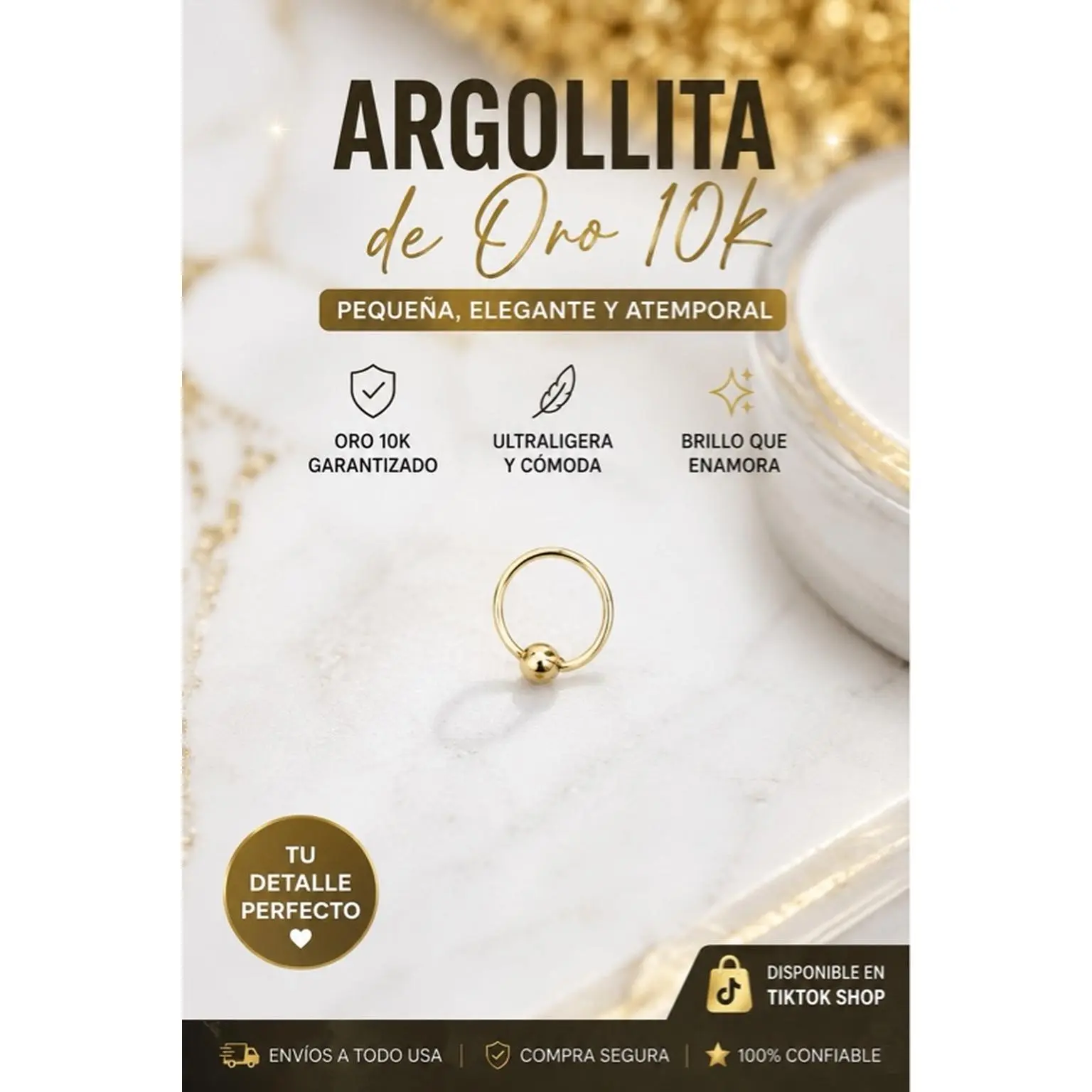Argollita de Oro 10k Pequeña Elegante y Atemporal Ultraligera y Cómoda Brillo que Enamora 10kt Gold