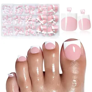 150PC Press on Toenails for Women Fake Toe Press on Nails French Tip Toe Nail Press ons with Sticky Tabs, 15 Size Fake Toenails Press ons Acrylic Toe Nail Tips Kit Pink Press on Toe Nails