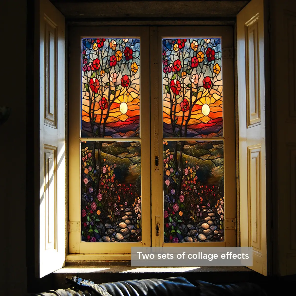 A large-sized window sticker of mountain flowers and trees (30*120cm), double-sided visible, static adsorption, Decorative Sticker, Window Decals For Glass Windows, suitable for window glass door decoration D20466-YC