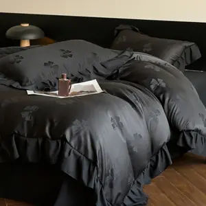 3pcs jacquard bow bedding, ruffled edge duvet cover set, including 1 duvet cover and 2 pillowcases, no comforter, The duvet cover is equipped with a zipper, easy to care , The fabric is comfortable and soft, suitable for all seasons, Bed Sets