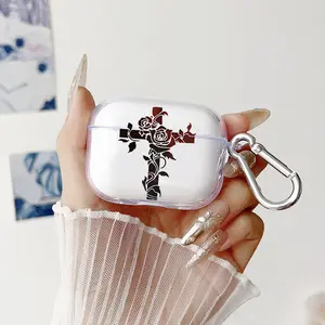 Rose of the Cross Pattern TPU Soft Protective Case for Apple AirPods 4/3/2/1/Pro/Pro2 Transparent Earphone Cover with Keychain Attachment