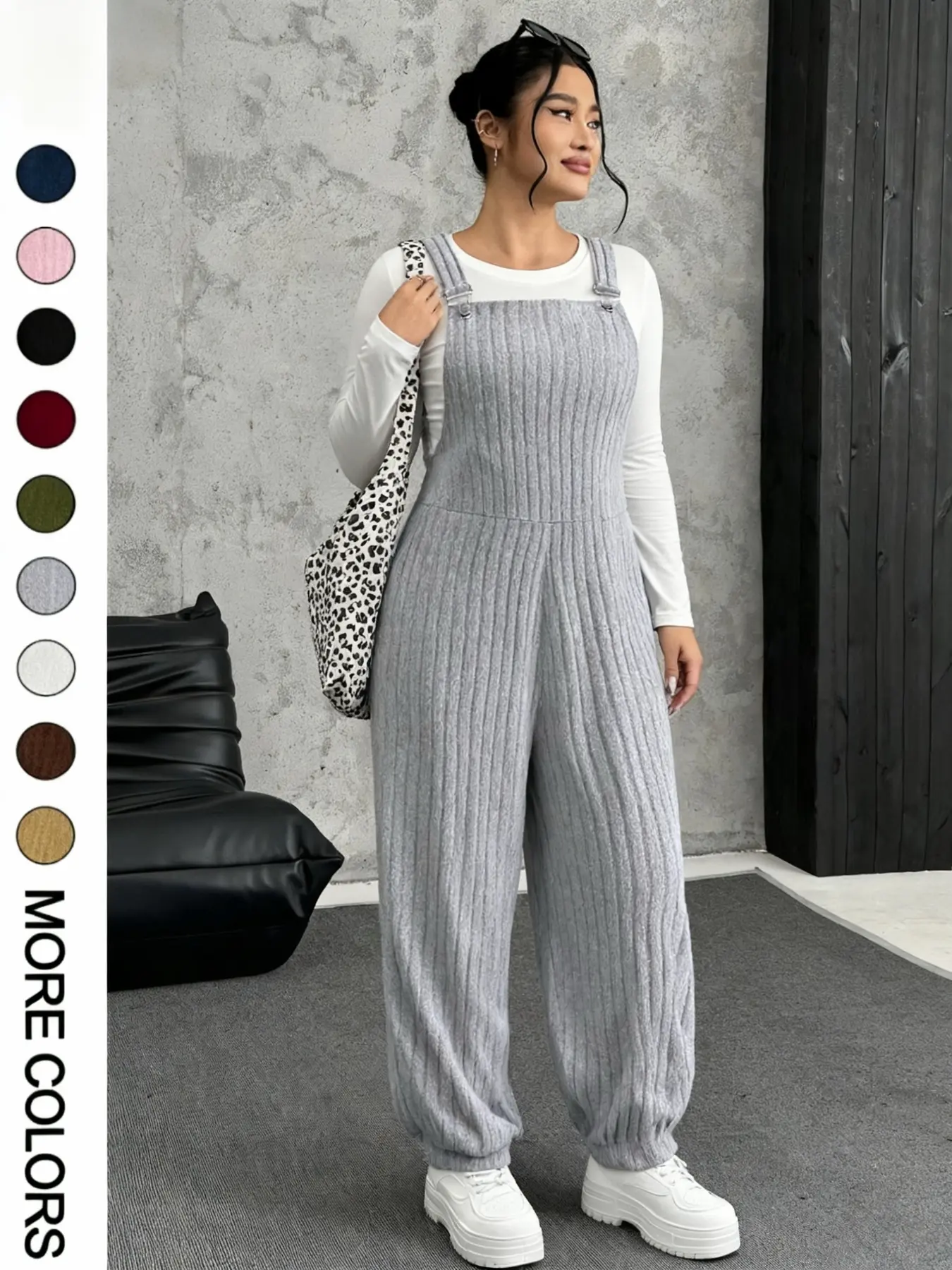 Women's Plus Size Plush Knit Thick Fitted Overalls Jumpsuit, Casual Fashion Minimalist Long Sleeve Romper, Perfect for Office & Outings, Comfortable Winter Wear, Womenswear