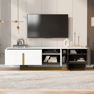 66.7" Modern TV Stand Media Console for Living Room, Entertainment Center for TVs Up to 70 Inch, Storage Cabinet with Drawers & Adjustable Shelves, White Wood Grain with Gold Metal Legs