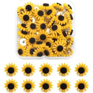 40Pcs Sunflower Push Pins, Pletpet Cute Decorative Sunflowers Push Pins for Cork/Bulletin Board with Square Box, Sturdy Thumbtacks for Holding Photos Files