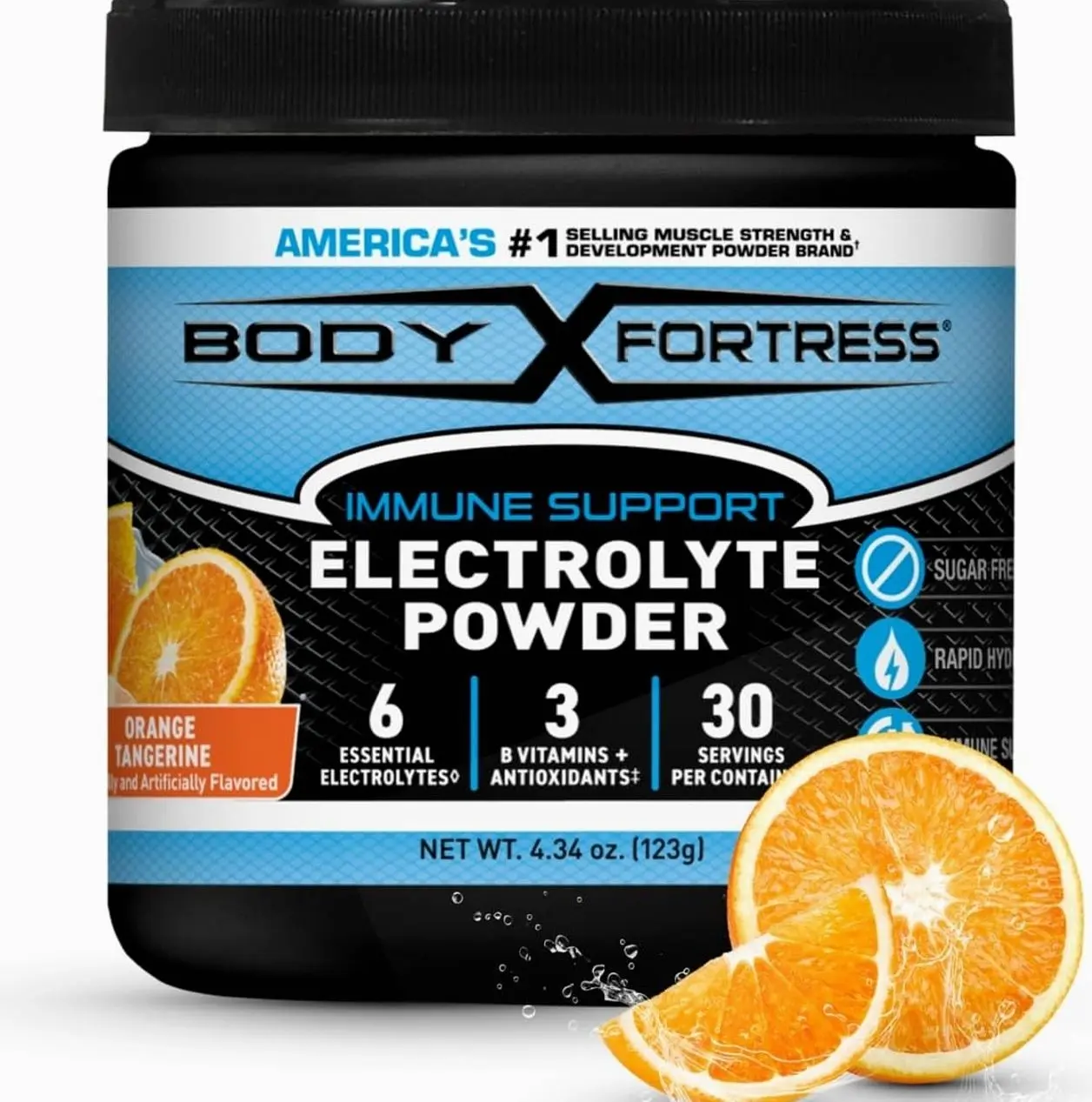 Body Fortress Electrolyte Powder Orange Tangerine - Rapid Hydration Drink Mix with 6 Essential Electrolytes & 3 B Vitamins - Sugar Free, Keto Friendly, No Color Added, Clear Hydration - 30 Servings