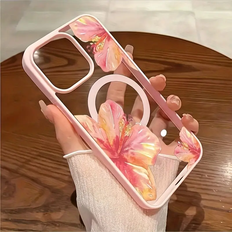 Watercolor Hibiscus Flower Design on a White Background MagSafe Case Compatible with iPhone 17 Pro Max Air 16 16e 15 14 Plus 13 12 11 X XS Clear Acrylic Back Drop Protection Pocket-Friendly Cellphone Cover Gift