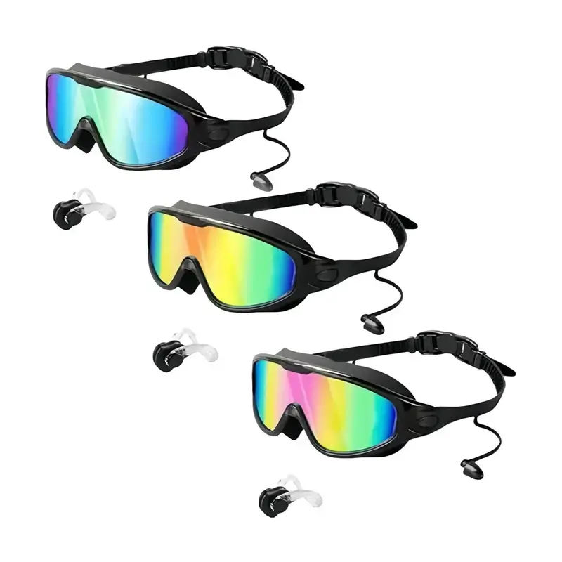 Unisex Swim Eyewear Kit for Adults & Kids, Comfortable Snug Fit, 3-Color Full-Coverage Lenses with Anti-Fog & UV Protection, Includes Waterproof Earplugs & Nose Clip, Swim Goggles