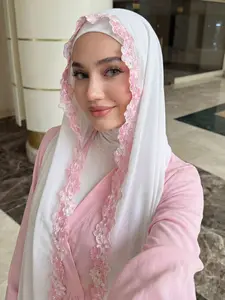 Elegant Long Embroidered Lace Edge Women's Scarf, Fashionable Lightweight Headscarf, Breathable Hijab for Outdoor Prayer