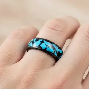 Mens Turquoise Ring, Blue Turquoise Ring, Mens Wedding Band, Black Ring, Husband Anniversary Gift, Engagement Ring, Black Tungsten Ring, Crushed Turquoise Black Strip Inlay Tungsten Carbide Ring Dome Engagement Ring Comfort Fit Wedding Band