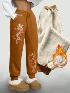 Women's Fleece Lined Long Pants, Dragon Totem Print, Lamb Wool Inner Warmth, Casual Straight Leg, Drawstring Waist, Fall & Winter