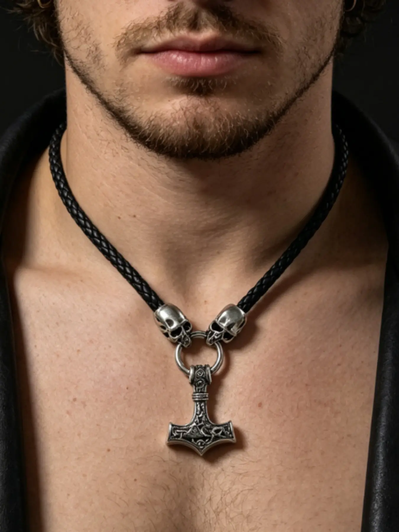 Viking Thor Hammer Leather Necklace, Silver Color Thor Hammer Pendant with Skull Decoration, Nordic Style Men's Motorcycle Street Jewelry