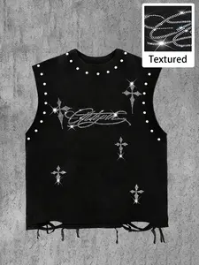 Men's Sleeveless Rivet Design Vest, Letter Cross Water Drill Print, Loose Short Fit, Casual Streetwear, Gym, Music Festivals