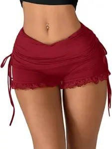 Women's Side Drawstring Lace Ruffle Shorts, Y2K Ruched Low Rise Mini Stretchy Slim Fit, Micro Shorts for Casual Wear