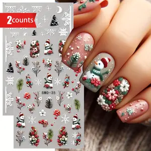 Nail Sticker Set, 2 Counts/3D Snowman & Tree & Flower Patterns, Self-Adhesive Nail Art Decorations for DIY Manicure