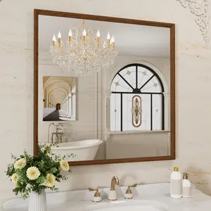 WEER Walnut Bathroom Mirror, Walnut-framed Mirror, Rectangular Wall-mounted Bathroom Vanity Mirror with Tempered Glass, Can be Hung Vertically or Horizontally, Rust-proof Treatment