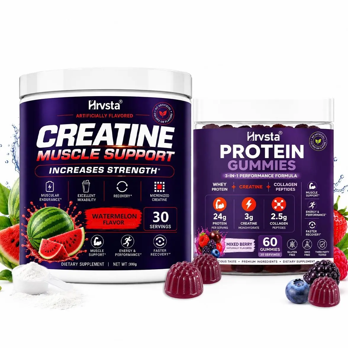 Creatine Powder & Protein Gummies Bundle – Watermelon Creatine + Mixed Berry Protein Gummies – Whey Protein, Creatine Monohydrate & Collagen Peptides – Sports Nutrition Combo