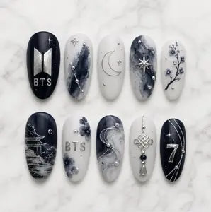 Press On False Nails - Blue Black Watercolor Night Sky Design, Silver Moon Star Custom Acrylic Style, Kpop Fandom Floral Art