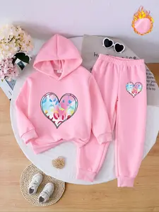 Autumn Winter Kids Fleece Warm Set, Hoodie & Drawstring Pants Two-Piece, Heart Pattern, Soft Skin-Friendly Fabric