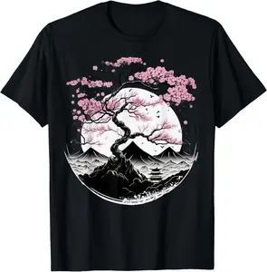 100% Cotton Japanese Sakura Garden Geisha Mount Fuji Cherry Blossom T-Shirt