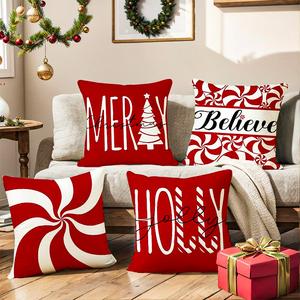 4Pcs-Christmas Decorative Pillow Set, Red Candy Cane Porch Pillow Cover, Single-Sided Linen Print, Winter Holiday Gift, Cushion Cover Home Decor.excellent gifts for Christmas and new year，Must-buy on Black Friday