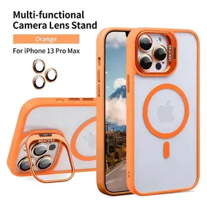 MagSafe case for iPhone 12–17 series with camera lens stand, shockproof, includes free lens protector, supports wireless charging