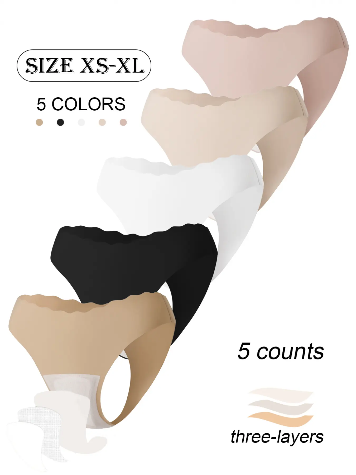 5Pcs Women's No Show Panty Line Seamless Soft Fit Drop Waist Panty Thong Underwear with Scalloped Wave Edge Scallop Trim Panties High Elasticity Comfortable Yoga Fitness Dance Triple Layer Pants