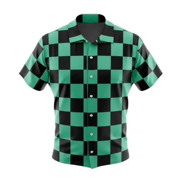 Green Checkered Warrior Hawaiian Shirt, Tropical Aloha Button Up, Unisex Summer Beach Vacation Wear #T4njiro #K4mado #D3m0nSlay #AnimeStyle