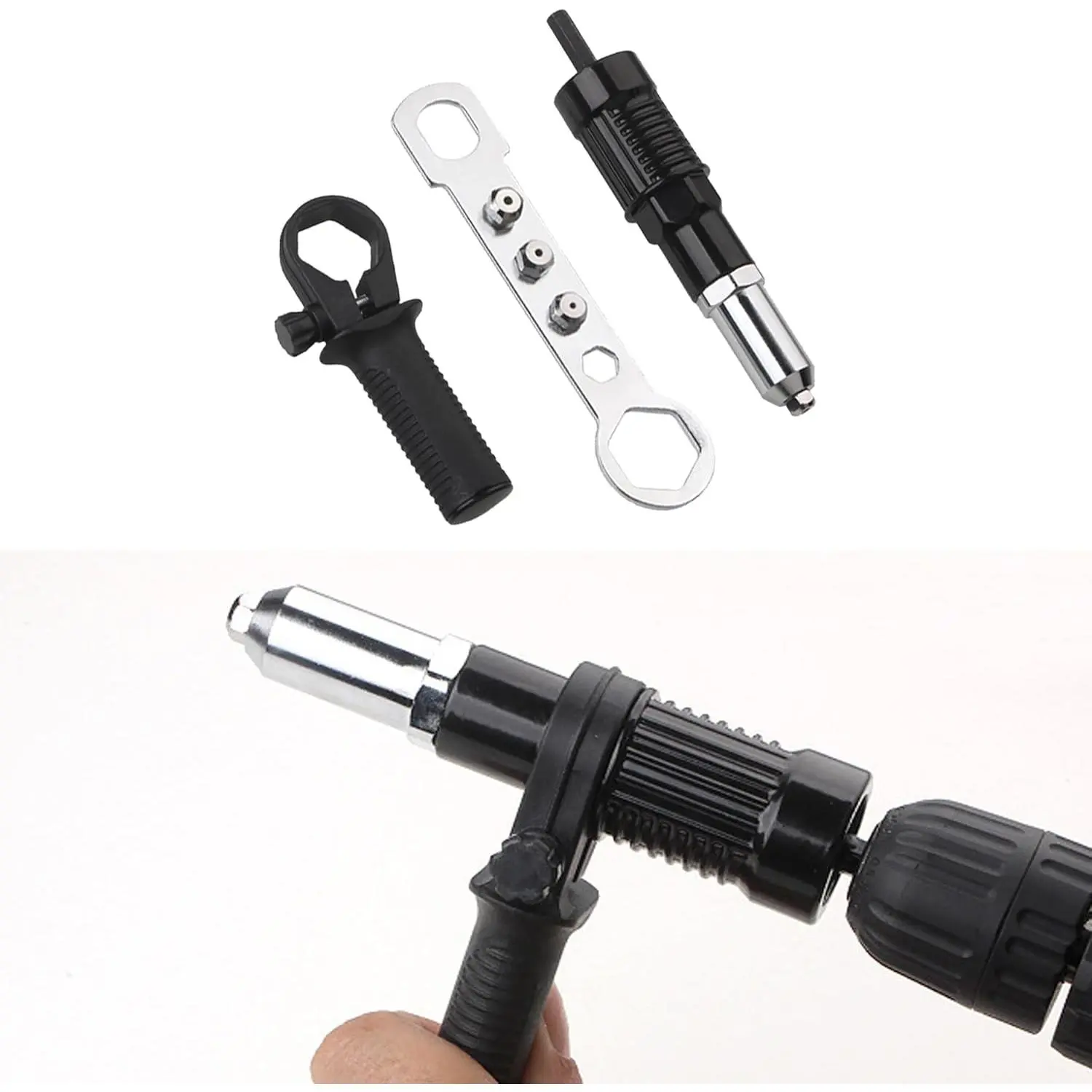 Pop Rivet  Adapter Kit, Rivet Drill Attachment with 4 Rivets Heads 2.4mm/3.2mm/4.0mm/4.8mm, Cordless Rivet  Power Drill Adaptor Kit, Cordless Electric Drill Riveter Insert Nut Tool
