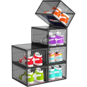 6 Pack Clear Shoe Organizer Boxes Magnetic Front Door, Foldable Stackable Shoe Storage for Sneakers & Boots, Space Saving Closet Shoe Rack Containers, Durable Hard Plastic Shoe Cases White & Black
