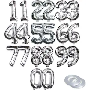 [20 Pcs] 16" Silver Foil Number Balloons (2 sets of 0-9) - Mylar Aluminum Hanging Decorations for Graduation, Birthday, Christmas & New Year's Eve Parties