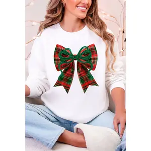 Christmas Plaid Coquette Heavy Blend Crew Sweatshirt, Trendy Holiday Bow Pullover