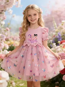 Princess Party Dance Dress, Butterfly Mesh Skirt, Dreamy Elegant Design, K-Pop Girl Group Print, Perfect for Camping Travel Parties