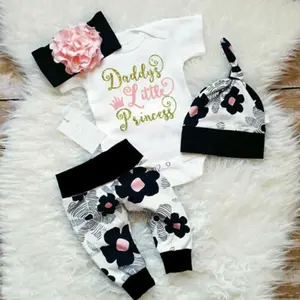 Newborn Baby Girl Daddy's Little Princess Letter Print Romper Jumpsuit Pants Hat and Headband 4Pcs Clothes