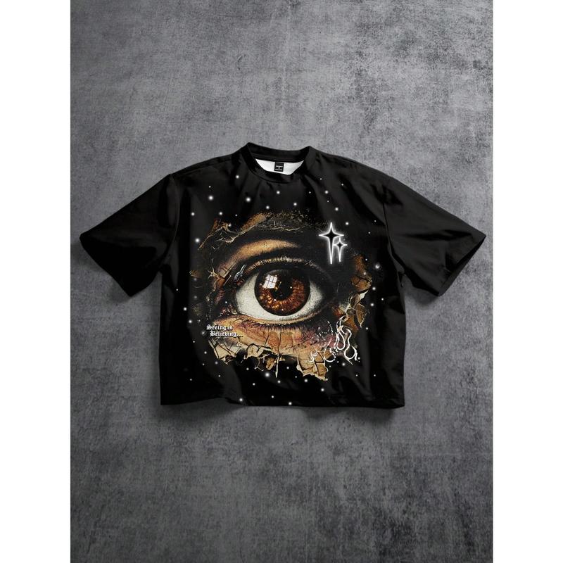 Manfinity ZONE917 High Quality Eye Print Round Neck Casual Loose Short Sleeve Cropped T-Shirt funny graphic lightweight cotton day shirt