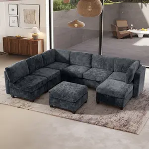 Modern 4-8 Seat Modular Sectional Sofa with Chaise, Hidden Storage & Ottoman, Easy Assembly Textured Fabric U-Shaped Living Room Indoor Furniture Set, Grey