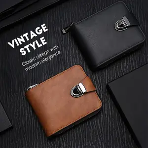Men's Vintage Compact Zipper Wallet Brown Black PU Leather with Multiple Card Slots Durable Polyester Lining 12x9.5x2.5cm Portable & Stylish