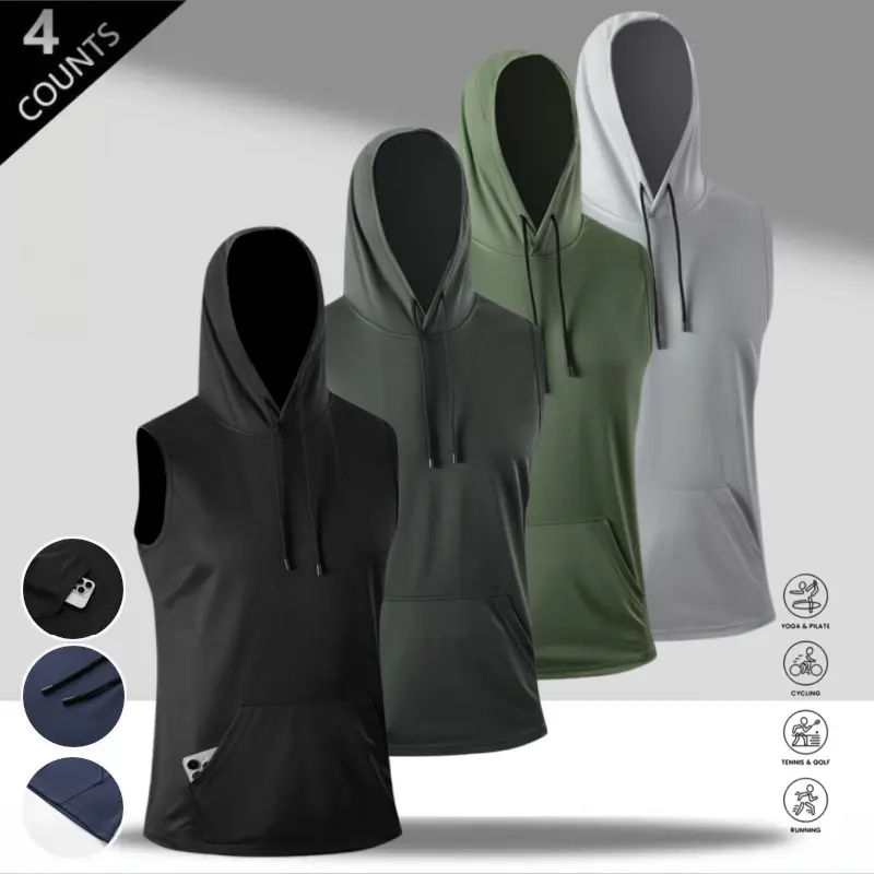 Men’s 4-Pack Sleeveless Hoodie – American Street Style, Quick-Dry, Drawstring Hood, Kangaroo Pocket, Relaxed Fit