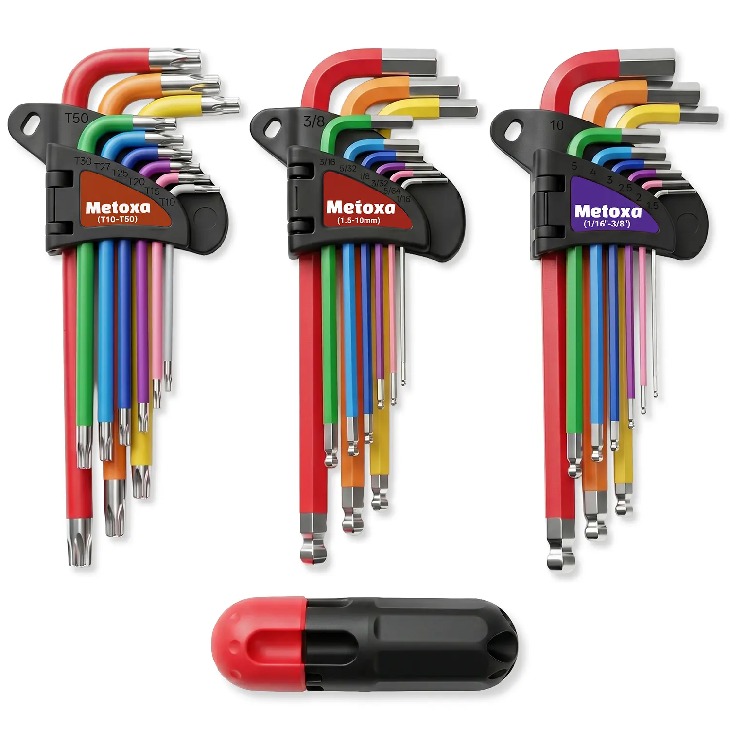 METOXA 28-Piece Color-Coded Hex Key & Torx Wrench Set - Metric/SAE/Torx Tools with Ball End L-Shaped Wrenches, T-Handle Driver for Bike, Home Repair