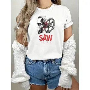 Fun Printed Round Neck Short Sleeved ShirtSaw Movie Horror T-Shirt With Jigsaw Puzzle Design Black Crewneck Graphic Tee For Women And Men Halloween Costume ShirtGift