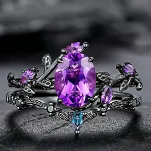 1pcs of Charm Women'S Purple Synthetic Zirconia Rings, Uniquely Inlaid with Black Women'S Commitment Engagement Rings, Classic Women'S Jewelry