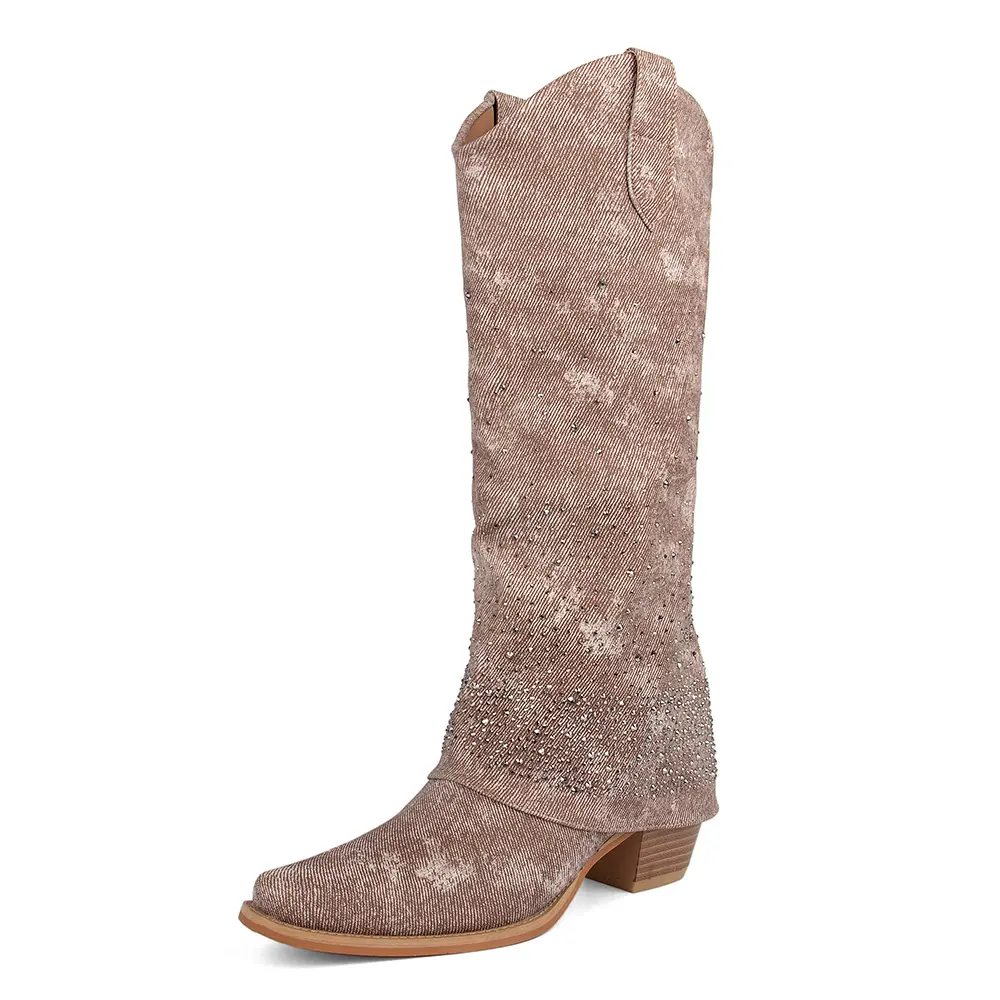 Women's Stylish Rhinestone Cowboy Booties - Mid-Calf American Style Western Denim Footwear with Fold-Over Cuff for Casual Wear, Rodeo Outfit Inspo, Western Wear For Women, Alternative Style, Statement Shoes, Country Concert, Urban Cowboy, Round Toe, Desig